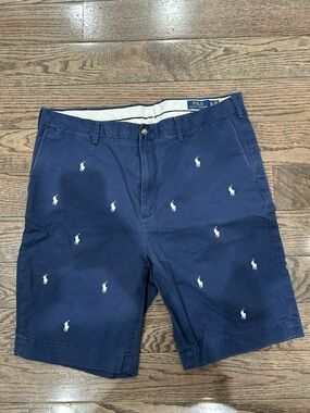 Ralph Lauren Navy Embroidered Polo Pony Flat Front Shorts